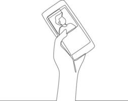 Continuous line drawing of Hand holding mobile phone, scroll screen with boy friend photo in social media, networks. Vector illustration.