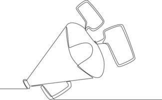 Continuous line drawing of a megaphone announces discount in mall. Vector illustration.