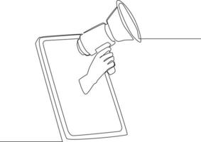 Continuous line drawing of Hands holding megaphone from smartphone screen. Vector illustration.