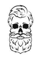 Human skull with beard and mustache. Black silhouette. Design element. Hand drawn sketch. Vintage style. Vector illustration.