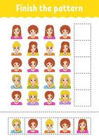 Finish the pattern. Cut and play. Education developing worksheet. Activity page. cartoon character. Vector illustration.