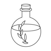 Contour black-and-white drawing of  a bottle of organic potion. Vector illustration. Coloring page.