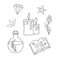 Contour black-and-white drawing set of magical elements. Burning candles, magic book,  faceted diamond,  blooming flower, leaves,  pictogram,  bottle with an organic potion. Vector illustration.