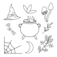 conjunto de dibujos en blanco y negro de contorno de elementos mágicos. un caldero de bruja, una rama, un sombrero de bruja, una llave, una telaraña, una rama con hojas y bayas, una luna creciente, hongos venenosos.