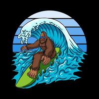Bigfoot surfeando las olas ilustración vectorial