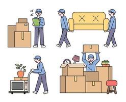 día de la mudanza. los empleados de la empresa de mudanzas están moviendo cajas y muebles. vector