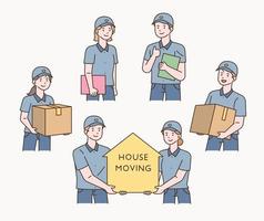 Moving, shipping and service company employees. moving day. vector