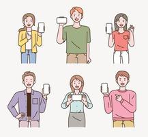 Many people are explaining with cell phones in their hands. flat design style vector illustration.
