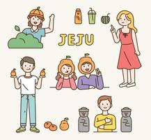 People promoting tangerines, a local specialty of Jeju island. vector