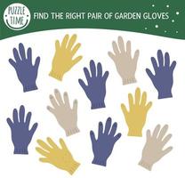 Find two same gloves. Garden or farm themed matching activity for preschool children with cute protective gardening glove. Funny spring game for kids. Logical quiz worksheet. vector