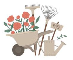 Vector illustration of colorful garden wheel barrow with rose flowers, rakes, watering can. Cartoon style spring or summer picture isolated on white background. Gardening themed concept.