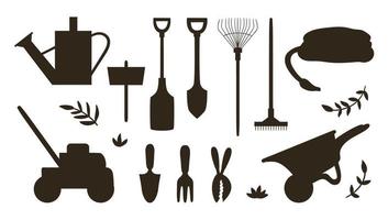 conjunto vectorial con siluetas de herramientas de jardín, flores, hierbas, plantas. colección de equipos de jardinería en blanco y negro. ilustración de resorte plano vector
