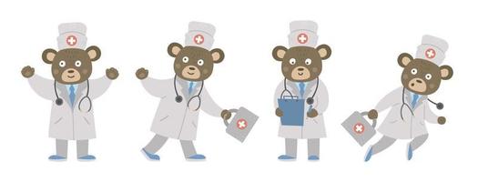 Set of vector bear doctors in medical hat with stethoscope. Cute funny animal character. Medicine picture for children. Healthcare icon isolated on white background