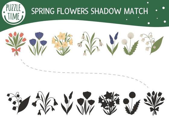 Shadow matching activity for children with spring flowers. Preschool garden themed puzzle. Cute floral educational riddle. Find the correct silhouette game.