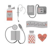 Set of vector flat medical icons. Cardio treatment collection. Medicine cardiology equipment isolated on white background. Heart health check clip art