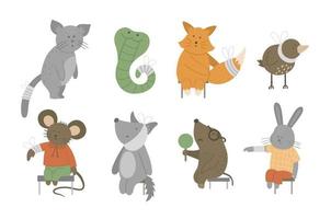 Set of vector animals with different illnesses. Cute funny ill characters. Patients with bandages and plasters. Medical picture for children. Hospital illustration isolated on white background.