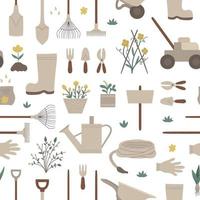 Vector geometric seamless pattern with garden tools, flowers, herbs, plants. Repeat background with gardening equipment. Flat spring texture with spade, shovel, rakes.