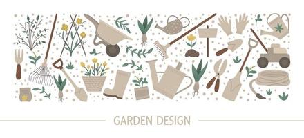 Vector horizontal layout set with garden tools, flowers, herbs, plants. Gardening equipment banner, party invitation or background. Cute funny spring card template.