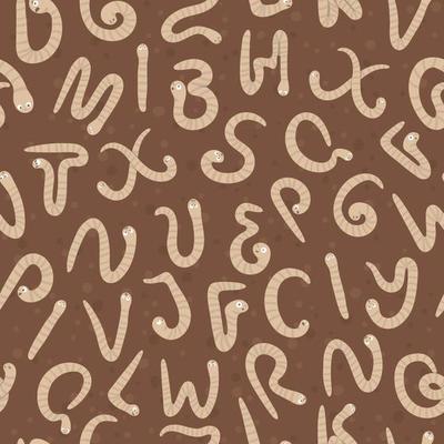 Spring garden themed alphabet seamless pattern for children with worms. Cute flat ABC repeating background with insects. Funny texture for teaching reading on brown background.