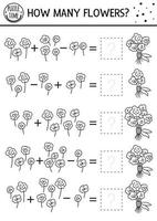 juego de combinación en blanco y negro del día de la madre con flores. actividad de línea de matemáticas de vacaciones para niños en edad preescolar con ramo. hoja de trabajo de conteo imprimible educativa o página para colorear para niños vector