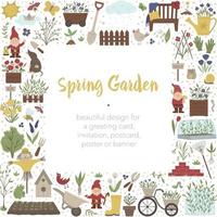 Vector square frame with springy garden tools, flowers, herbs, plants. Gardening elements banner or party invitation. Cute funny spring card template.