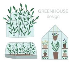 Vector set of greenhouses with plants in pots and flowers. Flat hot house illustration isolated on white background. Front and side view greenroom picture. Spring garden illustration.