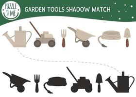 Shadow matching activity for children with garden tools. Preschool puzzle with gardening equipment. Cute spring educational riddle. Find the correct silhouette game. vector