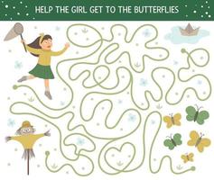 Spring maze for children. Preschool garden activity. Funny puzzle game with cute girl with a net, insects, scarecrow, paper ship. Help the girl get to the butterflies. vector