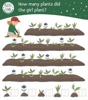 juego de conteo de matemáticas de búsqueda de primavera para niños con una linda chica plantando plantas en el jardín. lindos personajes sonrientes divertidos. encontrar y contar brotes y flores. vector