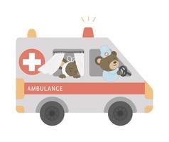 Vector ambulance with cute animals inside. Bear doctor driving emergency car with ill mouse. Funny special medical transport illustration for kids.