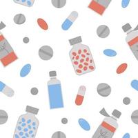 Vector seamless pattern with flat medical icons. Medicine or pharmacy background. Digital paper with pills and mixture. Health care texture