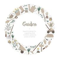 Vector round frame with garden tools, flowers, herbs, plants. Gardening equipment banner or party invitation framed in circle. Cute funny spring wreath card template.