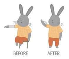 Vector ill animal versus healthy. Cute hare with bandage on its arm. Funny patient characters. Medical illustration for children. Before and after illness picture. Recovery concept