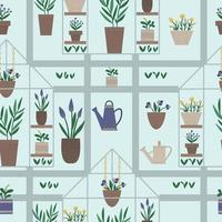 Vector greenhouse seamless pattern with plants in pots and flowers. Flat hot house repeat background. Front view greenroom texture. Spring garden digital paper.