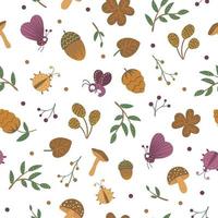 Vector seamless pattern with hand drawn flat funny acorns, cones, mushrooms and insects. Autumn repeating background for children design. Cute forest texture