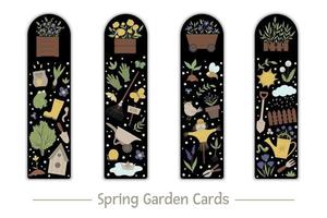 Vector set of garden bookmarks for children. Cute gardening tools, flowers, plants on black background.  Spring vertical layout card templates. Stationery for kids.