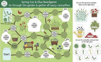 Garden adventure cut and glue board game for children with cute characters. Educational spring boardgame activity. Go through the garden and gather all the nasty caterpillars vector