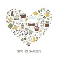 Vector frame with springy garden tools, flowers, herbs, plants. Gardening elements banner or party invitation framed in heart shape. Cute funny spring card template.