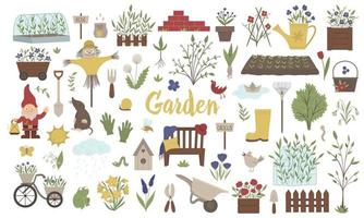 Vector big set of colored garden things, tools, flowers, herbs, plants. Collection of gardening equipment. Flat spring illustration isolated on white background.