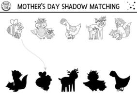 Mothers day black and white shadow matching activity for children. Fun spring line coloring page with cute mother and baby animals. Family love game for kids. Find correct silhouette printable. vector