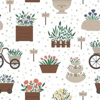 Vector seamless pattern with different flower beds. Garden repeating background with decorative flowerbeds and plants. Texture with spring herbs and flowers with sign plates.