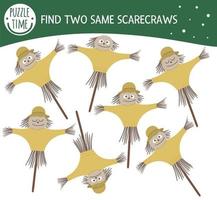 Find two same scarecrows. Garden or farm themed matching activity for preschool children with cute funny bugaboos. Funny spring game for kids. Logical quiz worksheet. vector