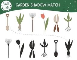 Shadow matching activity for children with garden tools and young plants. Preschool puzzle with gardening equipment. Cute spring educational riddle. Find the correct silhouette game. vector