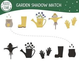 actividad de combinación de sombras para niños con símbolos de jardín. rompecabezas preescolar con herramientas y equipos de jardinería. lindo acertijo educativo de primavera. encuentra el juego de silueta correcto. vector