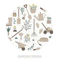 Vector round frame with garden tools, flowers, herbs, plants. Gardening equipment banner or party invitation framed in circle. Cute funny spring card template.