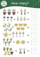 Math game with garden symbols. Spring mathematic activity for preschool children. Printable counting worksheet. Educational addition riddle with cute funny elements. vector