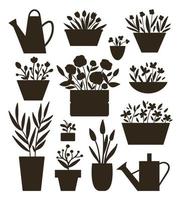 Vector illustration of plants in pots and beds with watering cans silhouettes . Flat trendy hand drawn set of houseplants for home gardening design. Collection of beautiful spring and summer flowers