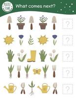 What comes next. Garden matching activity for preschool children with gardening symbols. Funny spring game for kids. Logical quiz worksheet. Continue the row. vector