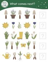 What comes next. Garden matching activity for preschool children with gardening symbols. Funny spring game for kids. Logical quiz worksheet. Continue the row. vector