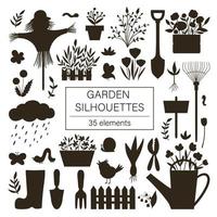 Vector big set of garden tools, flowers, herbs, plants silhouettes. Collection of black and white gardening equipment. Flat spring illustration isolated on white background.